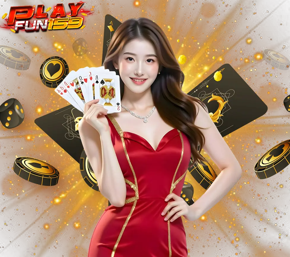 นางแบบถือไพ่ในธีมคาสิโนทอง PLAYFUN159 สำหรับแบนเนอร์บทความ