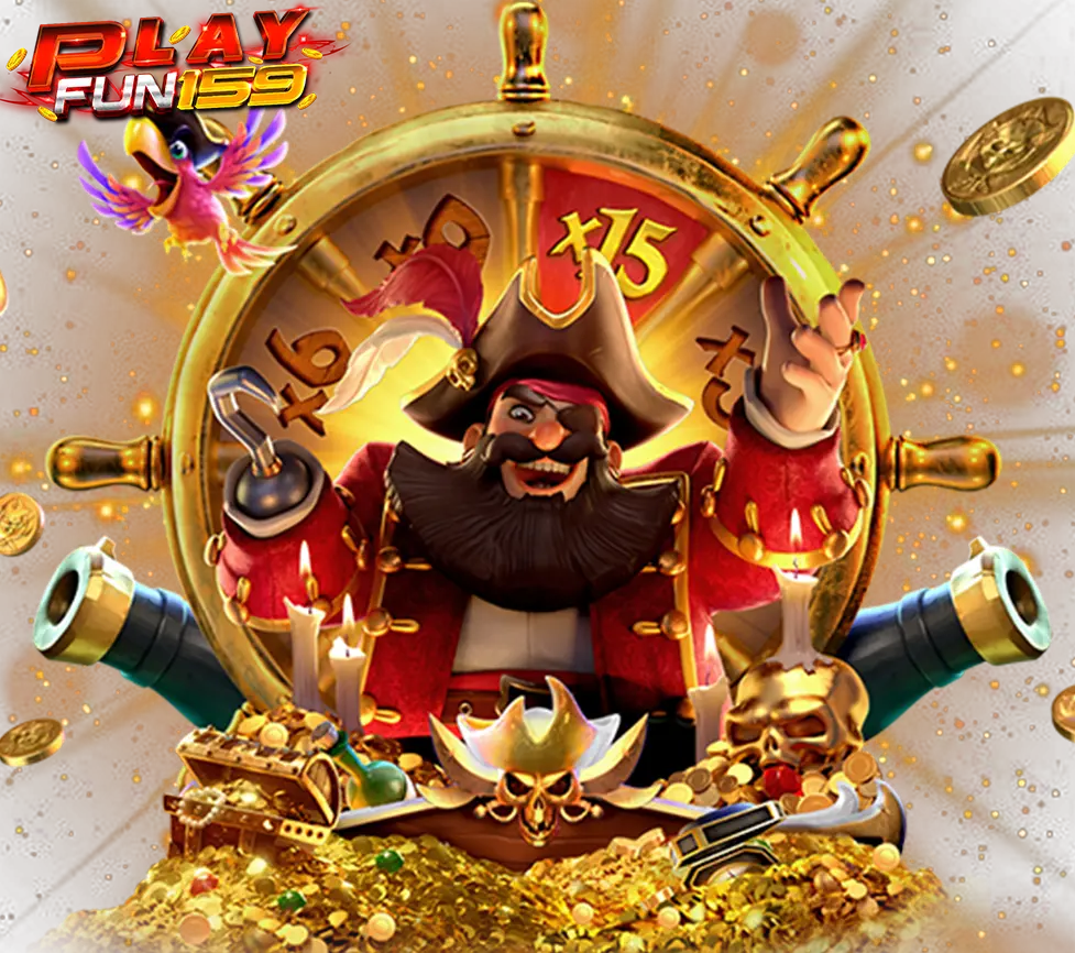 แบนเนอร์ PLAYFUN159 ธีมสล็อตเทพเจ้าโชคลาภ พร้อมเหรียญทองและวงล้อ