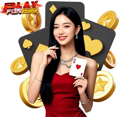 นางแบบชุดแดงยืนถือไพ่ในฉากทองสำหรับ PLAYFUN159 คอนเทนต์คาสิโน