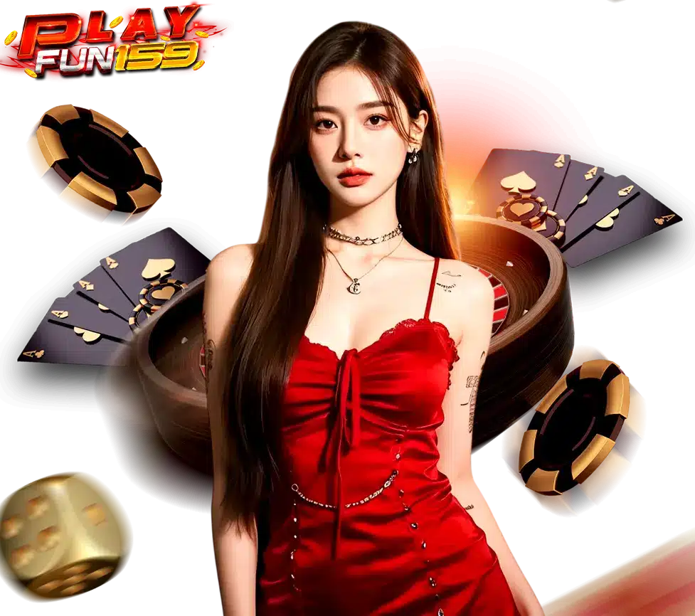 นางแบบชุดแดงถือไพ่ในธีมคาสิโน PLAYFUN159 สำหรับคอนเทนต์เว็บตรง